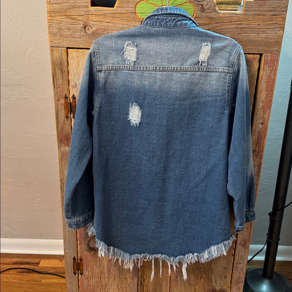 Distressed Denim Jacket / shacket. Raw edge. Perfect over dresses. Medium - Picture 7 of 14